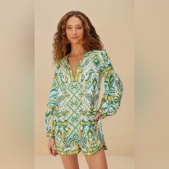 FARM Rio Pants - Farm Rio Boho Printed Long-Sleeve Romper | Size Medium